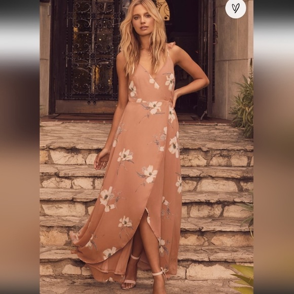 Lulu’s Taupe & Cream All Mine Rusty Rose Floral High-Low Slit Wrap Dress NWT XS - Picture 4 of 16